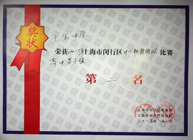 2015.06七宝中学----获2015闵行区中小职校排球比赛高中男子组第二名(奖状).jpg