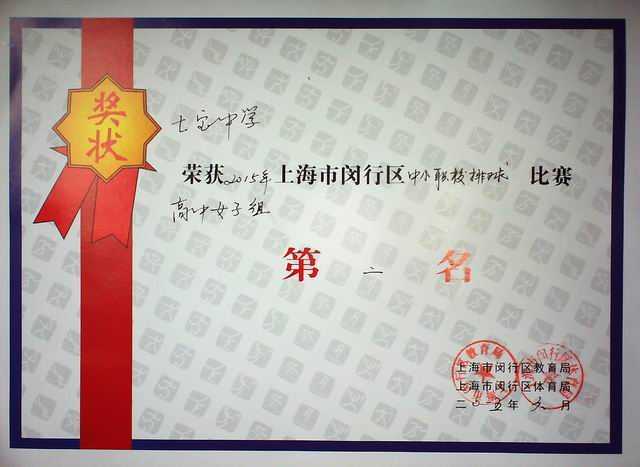 2015.06七宝中学----获2015闵行区中小职校排球比赛高中女子组第二名(奖状).jpg