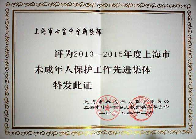 2015.12七宝中学新疆部----被评为2013--2015年度上海市未成人保护工作先进集体(证书).jpg