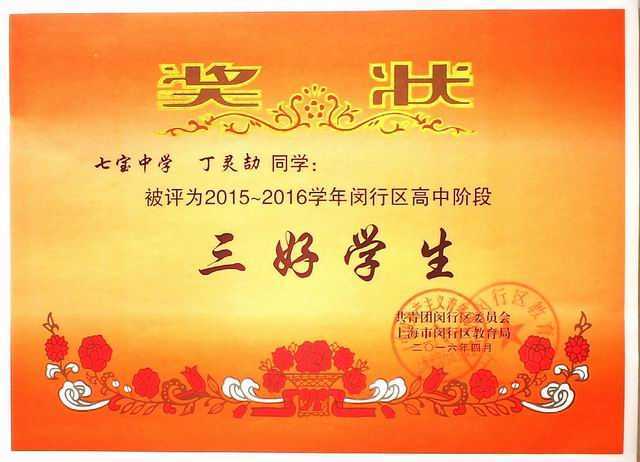 2016.04丁灵劼----被评为2015--2016学年闵行区高中阶段三好学生(奖状) .jpg