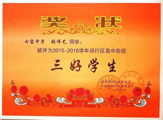 2016.04张伟艺----被评为2015--2016学年闵行区高中阶段三好学生(奖状) .jpg
