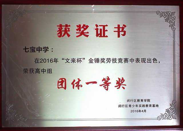 2016.04七宝中学----获2016年“文来杯”金锤奖劳技竞赛高中组团体一等奖(证书).jpg