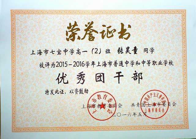 2016.05张昊童----被评为2015--2016学年上海市高中阶段学校优秀团干部(证书).jpg