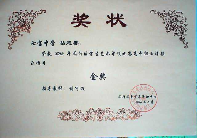2016.06苗恩赉----荣获2016年闵行区学生艺术单项比赛高中组西洋弦乐项目金奖(奖状)（指导教师 诸可汲).jpg