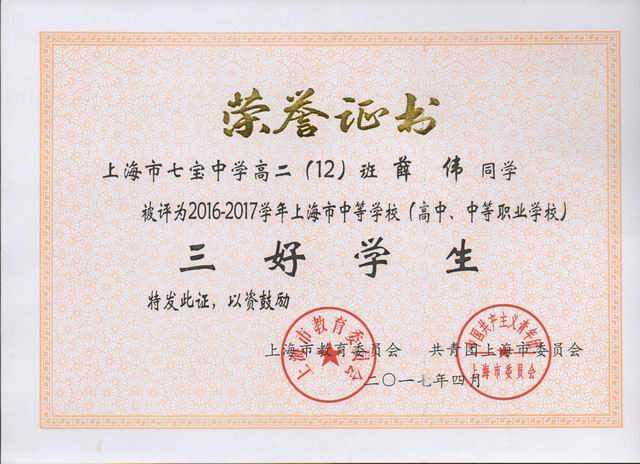 2017.04薛伟----被评为2016--2017学年上海市高中阶段学校三好学生(证书).jpg