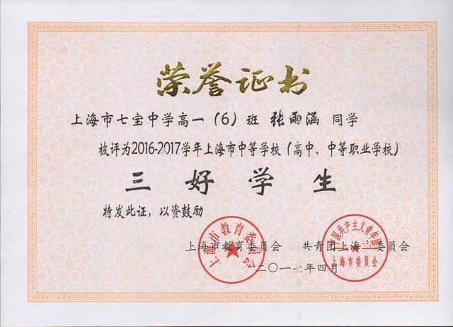 2017.04张雨涵----被评为2016--2017学年上海市高中阶段学校三好学生(证书).jpg