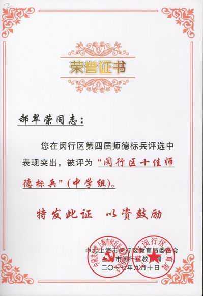 2017.09郝翠荣----被评为闵行区第4届师德标兵评选“十佳师德标兵”(证书).jpg