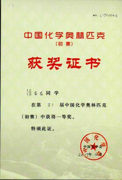 2017.10徐龙龙----荣获第31届中国化学奥林匹克（初赛）一等奖(证书).jpg