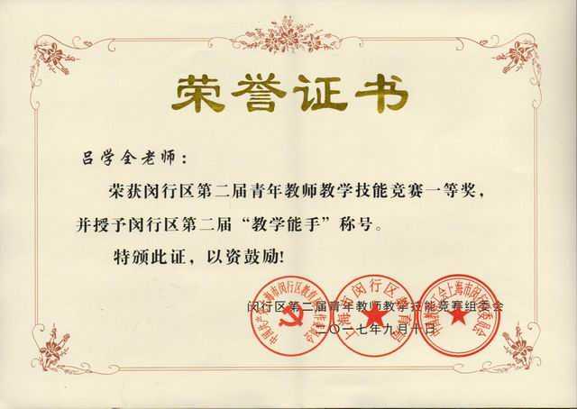 2017.09吕学全----荣获闵行区第2届青年教师教学技能竞赛一等奖，并授予闵行区第2届“教学能手”称号(证书).jpg
