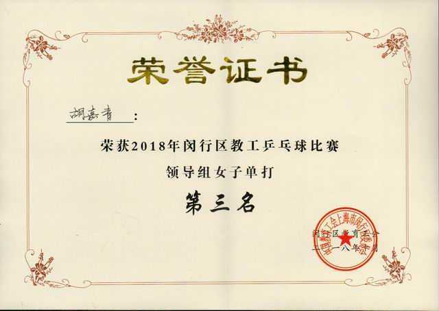2018.10胡嘉青----荣获2018年闵行区教工乒乓球比赛领导组女子单打第三名(证书).jpg