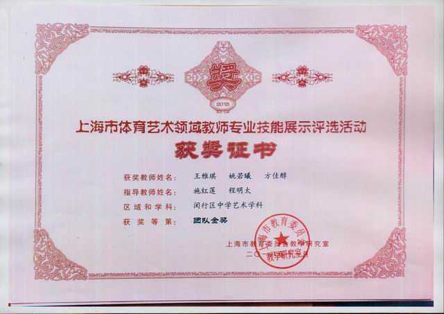 2018.11王雅琪、姚若曦、方佳醇----荣获上海市体育艺术领域教师专业技能展评(闵行中小学艺术学科）团队金奖(证书).jpg