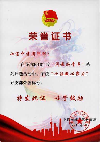 2018.05七宝中学团组织----荣获2018年度“闵教好青年”系列活动“十佳凝心聚力”好支部称号(证书).jpg