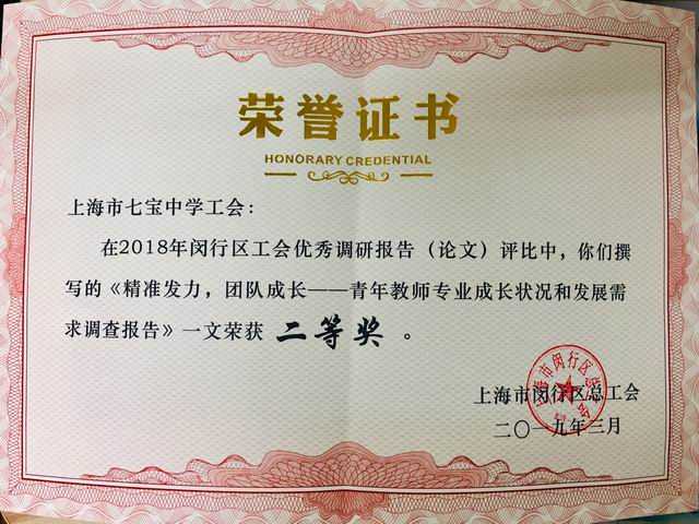 2019.03七宝中学工会----撰写的《精准发力，团队成长——青年教师专业成长状况和发展需求调查报告》荣获2018年闵行区工会优秀调研报告（论文）评比二等奖(证书).jpg