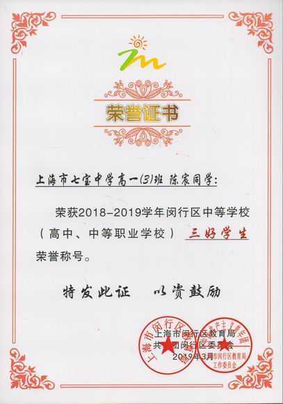 2019.03陈宸----荣获2018--2019学年闵行区中等学校三好学生(证书).jpg