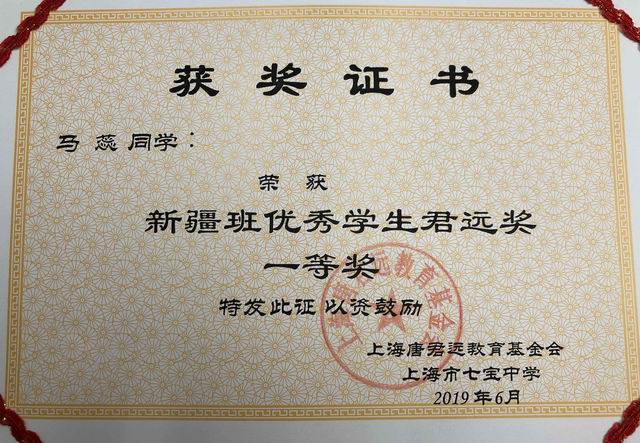 2019.06马蕊----荣获新疆班优秀学生君远奖一等奖(证书).jpg